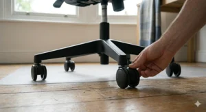 View of the durable, dual-wheel castors on an Amazon Basics office chair, suitable for carpet and hard floors.