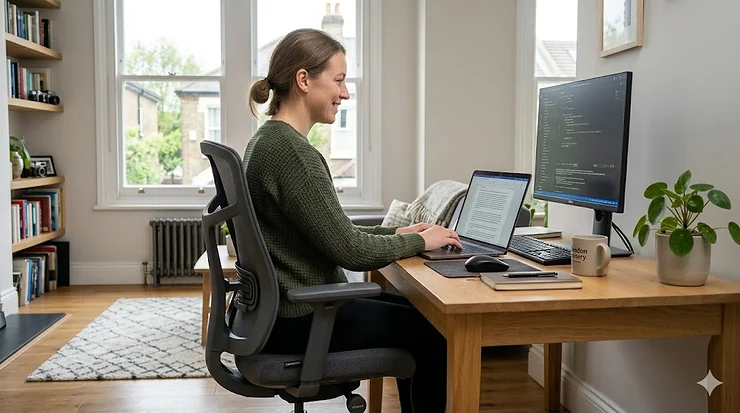 Ergonomic office chair designed to improve posture in a modern British home office setting. office chair to improve posture