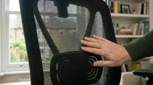 A hand brushes the highly detailed, breathable black mesh backrest of an ergonomic office chair in a naturally lit home office, showing its porous texture.