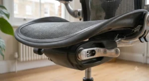 A breathable mesh backrest on an office chair to maintain comfort and temperature regulation.