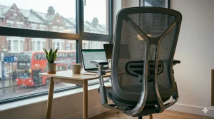 A professional mesh office chair providing breathable support and comfort for all-day use in a home office.