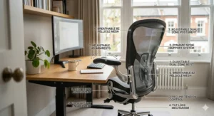 A close-up of high-quality, breathable mesh fabric on an office chair for back pain, designed for comfort during long working days.