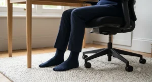 Close-up of an office chair seat depth adjustment feature to help improve blood flow to the legs.