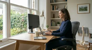 A stylish, comfortable chair for bad backs placed in a modern British home office environment.