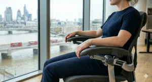 Padded, adjustable armrests on an ergonomic chair to reduce shoulder strain and back pain.