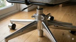 A person sitting comfortably in an ergonomic office chair placed within a stylish, lived-in living room workspace.