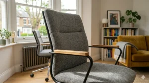A minimalist desk chair tucked into a living room alcove, demonstrating space-saving design for a home office setup.