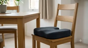 Diagram showing correct posture sitting on a supportive chair to reduce pressure on the tailbone.