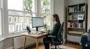 A professional working at a desk using an ergonomic chair to maintain a healthy, neutral spinal alignment.