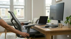 Diagram showing correct sitting posture using an ergonomic office chair for spinal alignment.