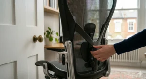 Side view of a sturdy office chair for back pain, highlighting its robust base and high-quality build for long-term support.