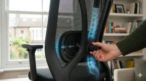 Close-up of the dynamic lumbar support mechanism on the ergonomic office chair, showing adjustments being made to the dynamic pad.