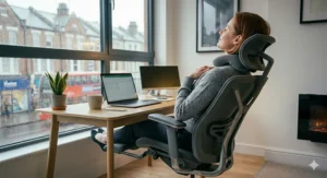 A person utilising the dynamic recline feature on an ergonomic chair to stretch the neck and upper back.