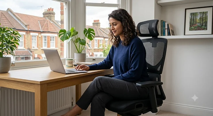 Person sitting comfortably on an ergonomic chair designed for coccyx injury recovery in a home office setting. chair after coccyx injury
