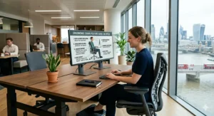 A diagram illustrating correct sitting posture to prevent back pain while working in an office.