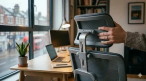 Close-up of a chair headrest being adjusted to provide optimal neck support and reduce muscle strain.