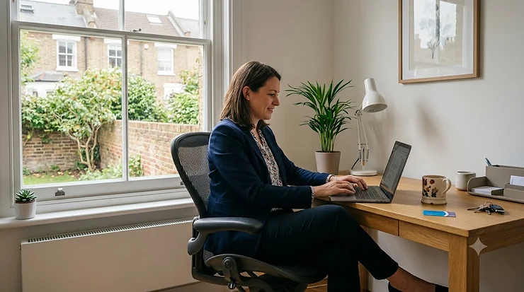 A person sitting comfortably in an ergonomic office chair designed for hip pain relief, set in a modern home office space. office chair for hip pain