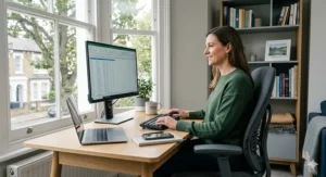 An ergonomic office chair with adjustable lumbar support designed to alleviate lower back pain for home and professional desk setups.