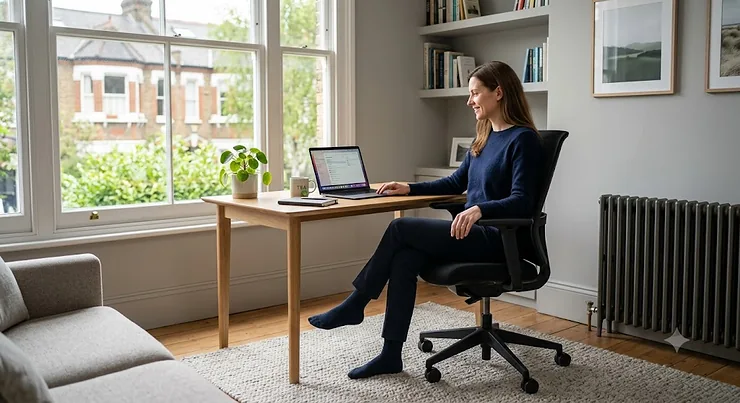 Person sitting in an ergonomic office chair designed to improve blood flow to legs, placed in a modern home office setting. office chair to improve blood flow to legs