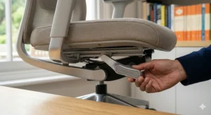 An illustration demonstrating the correct seat depth adjustment on an office chair to support thigh alignment for sciatica sufferers.