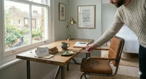 A guest room desk chair being used in a well-styled bedroom, showing how it fits into a home office guest room setup.