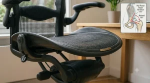 Demonstrating the height adjustment feature of an office chair to promote better posture and reduce strain on the hips.