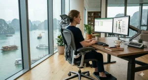 An ergonomic home office setup featuring a supportive chair to help manage chronic back pain.