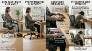 A fully optimised desk workspace featuring a supportive office chair, ideal for maintaining comfort and minimising hip pain throughout the day.