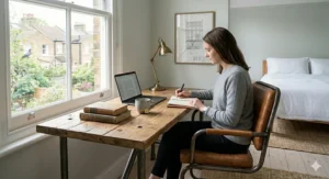 An industrial-style metal and leather guest room desk chair adding a modern touch to a guest room decor scheme.