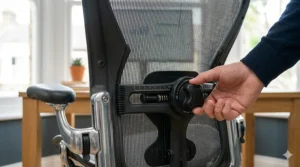 Close-up of an adjustable lumbar support feature on an office chair for back pain relief.
