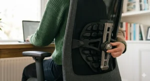 Close-up of a person adjusting the lumbar support mechanism on an office chair to maintain spinal alignment for sciatic nerve pain relief.