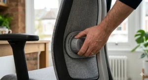 Close-up diagram highlighting adjustable lumbar support features on an ergonomic chair to manage chronic back pain.
