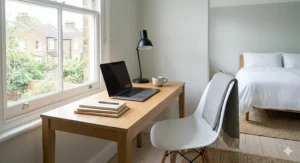 A sleek, minimalist white guest room desk chair positioned near a window in a bright and airy bedroom.