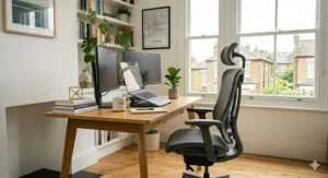Stylish, minimalist office chair with headrest for contemporary home workspaces.