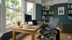 A stylish, ergonomic home office setup prioritising long-term back health and comfort.