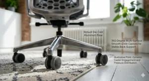 An illustration showcasing the sturdy base and smooth-gliding castors of an office chair built for long-term back support.