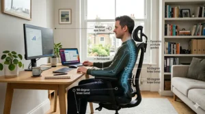 A man seated in an ergonomic office chair, showing ideal spinal alignment and posture, supported by dynamic biomechanical guides for healthy movement.