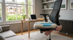 Adjustable lumbar support on an office chair helping to maintain posture and improve overall blood flow to legs.