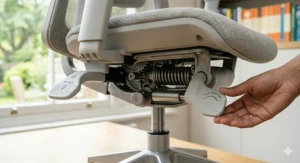 An illustration of an office chair tilt mechanism, helping maintain a healthy posture and reducing spinal strain.