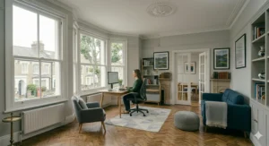 An ergonomic chair featuring a height-adjustable headrest to support the neck and prevent upper back fatigue.