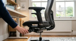 Side view showing the adjustable height mechanism on a high-back office chair with neck support.