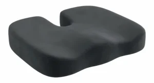 A grey orthopaedic memory foam seat cushion with a coccyx cut-out for pain relief.