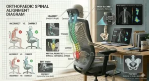 An illustration showing proper spinal alignment while sitting in an orthopaedic posture correcting chair.