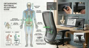 Side profile of an office chair illustrating height, tilt, and seat depth adjustments for improved back health.