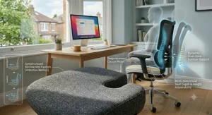 Side profile showing correct spinal alignment in an office chair for coccyx pain.