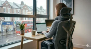 Illustration showing the ideal sitting position with an ergonomic chair designed to support the neck during long working hours.