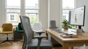 Reclining office chair with a headrest, ideal for neck support and improving seated posture.
