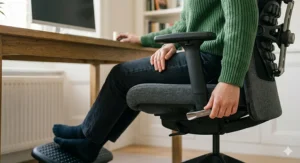 Detail shot showing a hand adjusting the seat depth of an office chair to improve leg circulation and reduce pressure for someone with sciatic nerve pain.