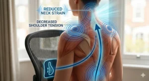 Showing the seat slide feature on an office chair for back pain, allowing users to adjust depth for optimal leg support.