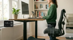 A complete ergonomic workspace setup featuring a height-adjustable desk and office chair, showing ideal seated and standing positions to help manage sciatic nerve pain.